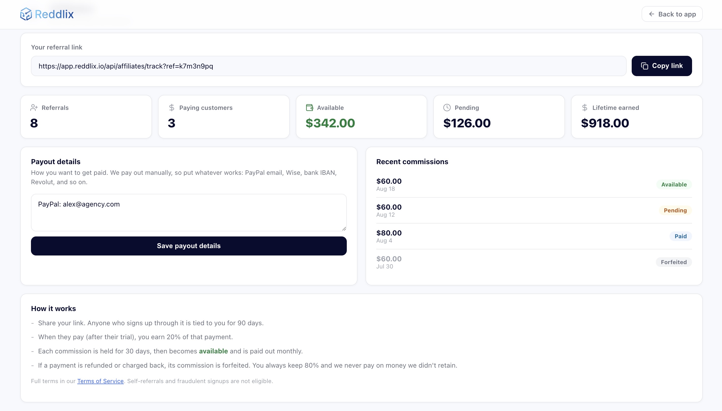 Your Reddlix affiliate dashboard: referral link, live earnings and payouts